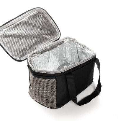 Angle view grey and black lunch pack carrier on a white background