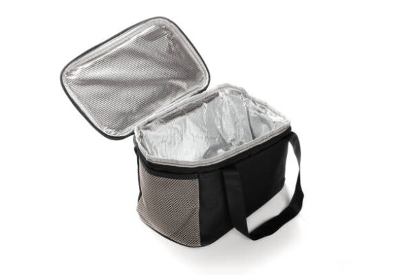 Angle view grey and black lunch pack carrier on a white background