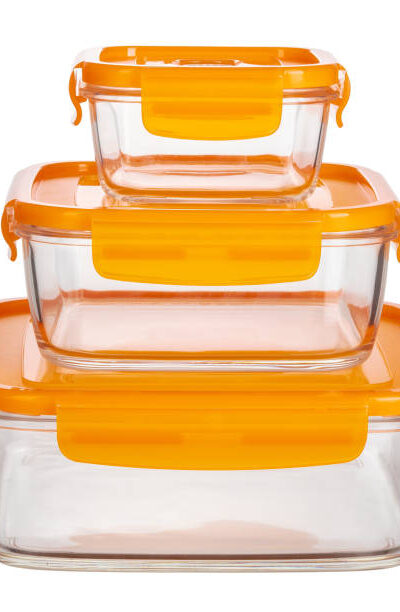 Close up of glass food containers isolated on white background