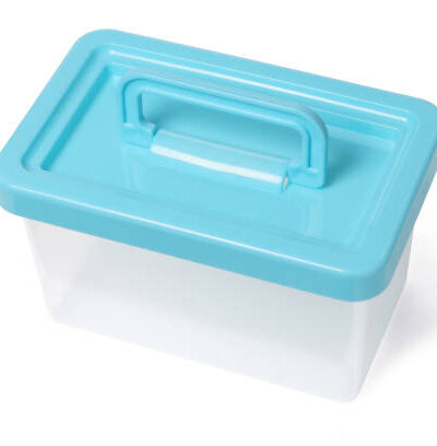 Empty plastic container with handle on white background